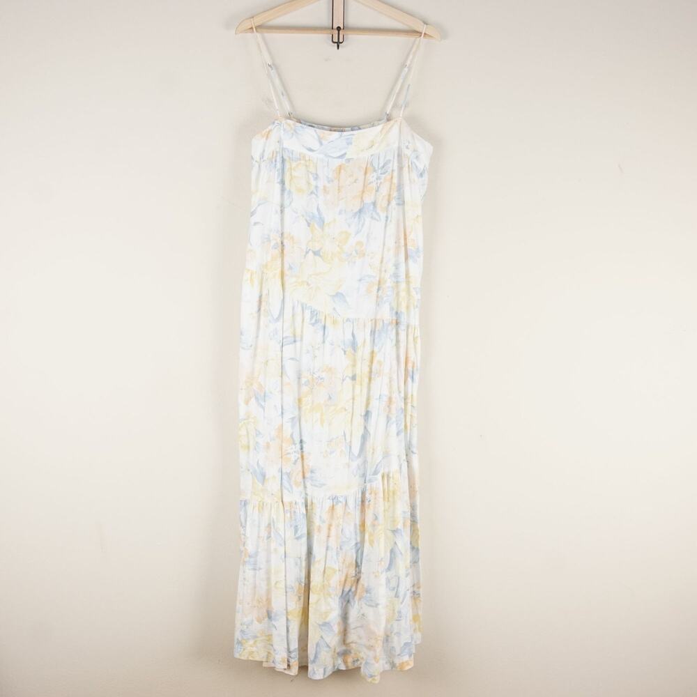 Abercrombie & Fitch Asymmetrical Yellow Blue Floral Linen Tiered Maxi Dress L